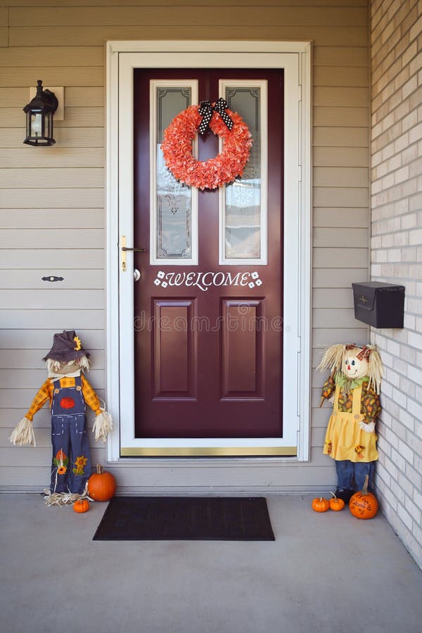 Fall front door. Front door decorated for fall stock images